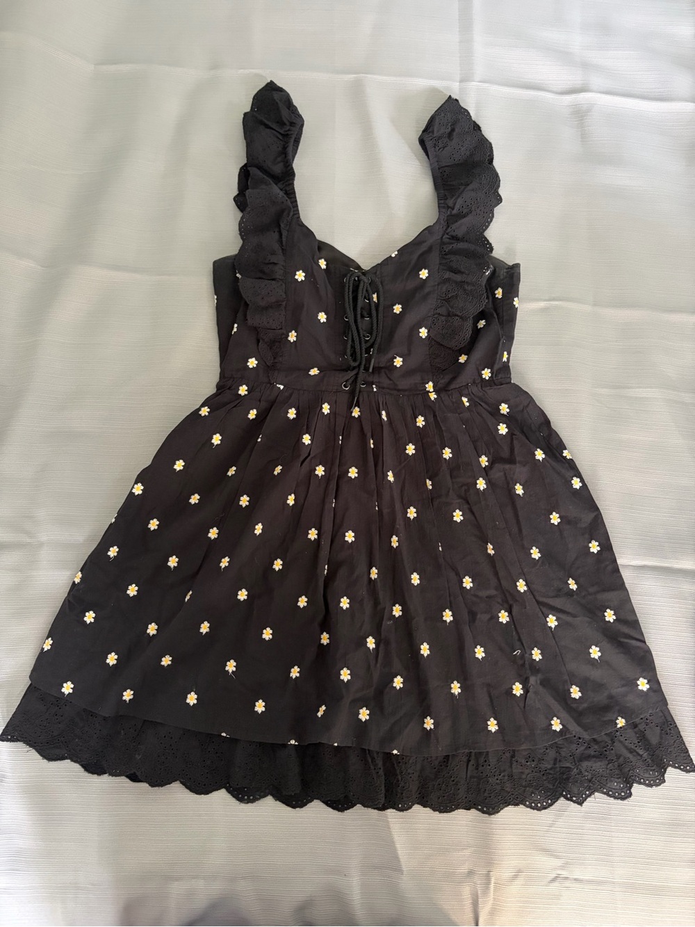 Betsey Johnson Black Sundress with Yellow Daisy Print and Ruffled Straps